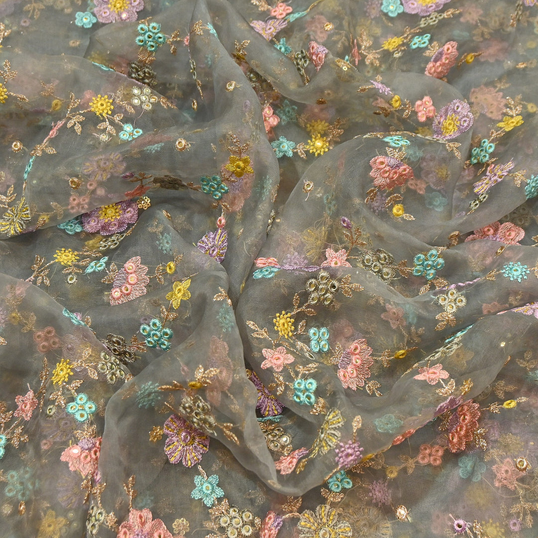 Premium Silk Organza Zari & Mirror Embroidery Fabric – Luxury Designer Organza Fabric  | V7870B-2