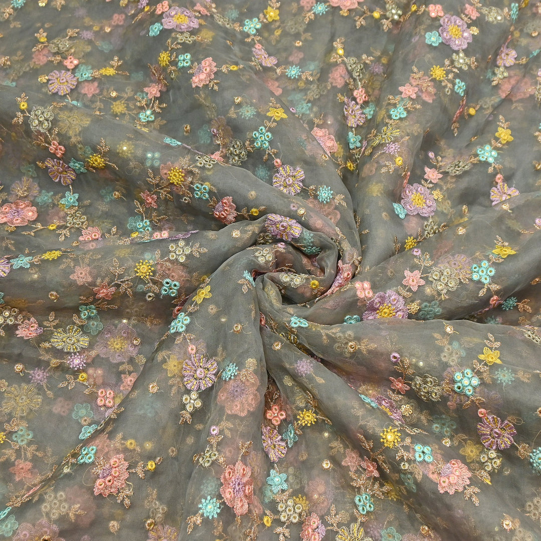 Premium Silk Organza Zari & Mirror Embroidery Fabric – Luxury Designer Organza Fabric  | V7870B-2