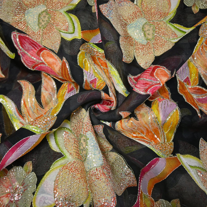 Elite Organza Position Print Fabric with Zari & Sequin Embroidery