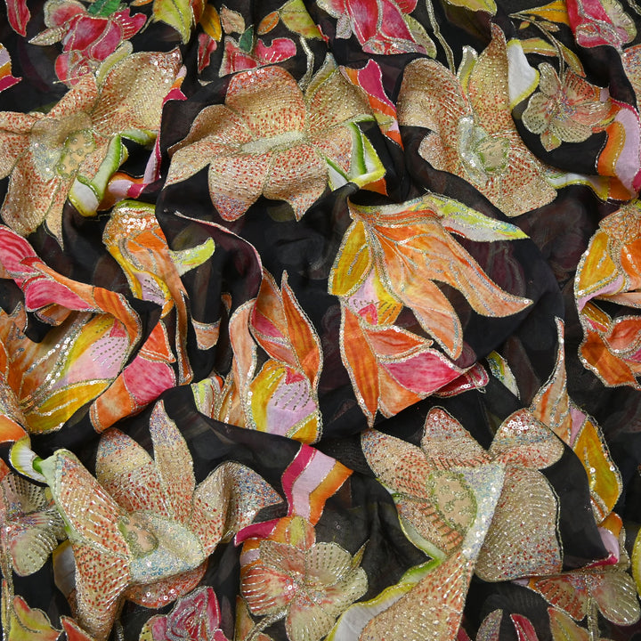 Elite Organza Position Print Fabric with Zari & Sequin Embroidery