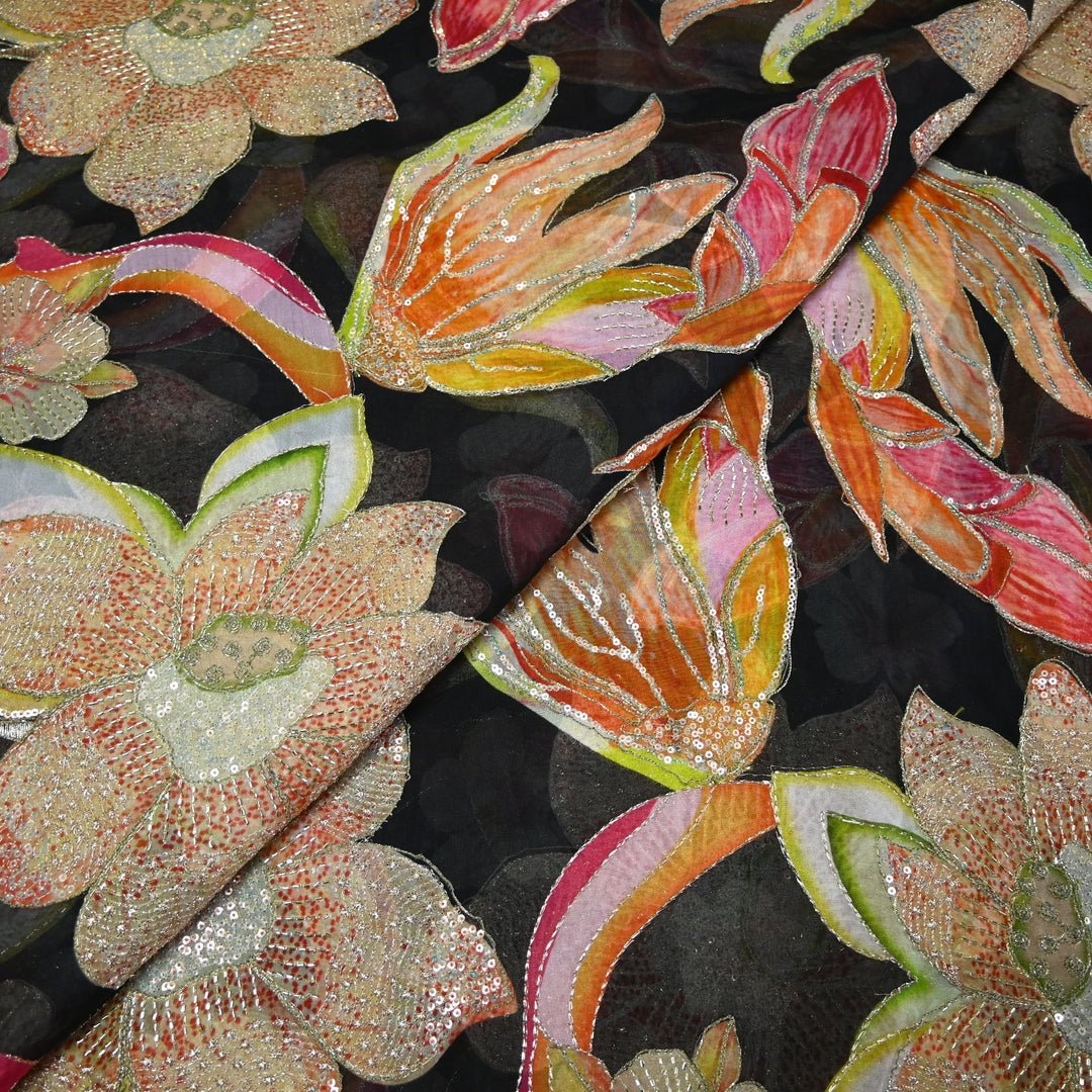 Elite Organza Position Print Fabric with Zari & Sequin Embroidery