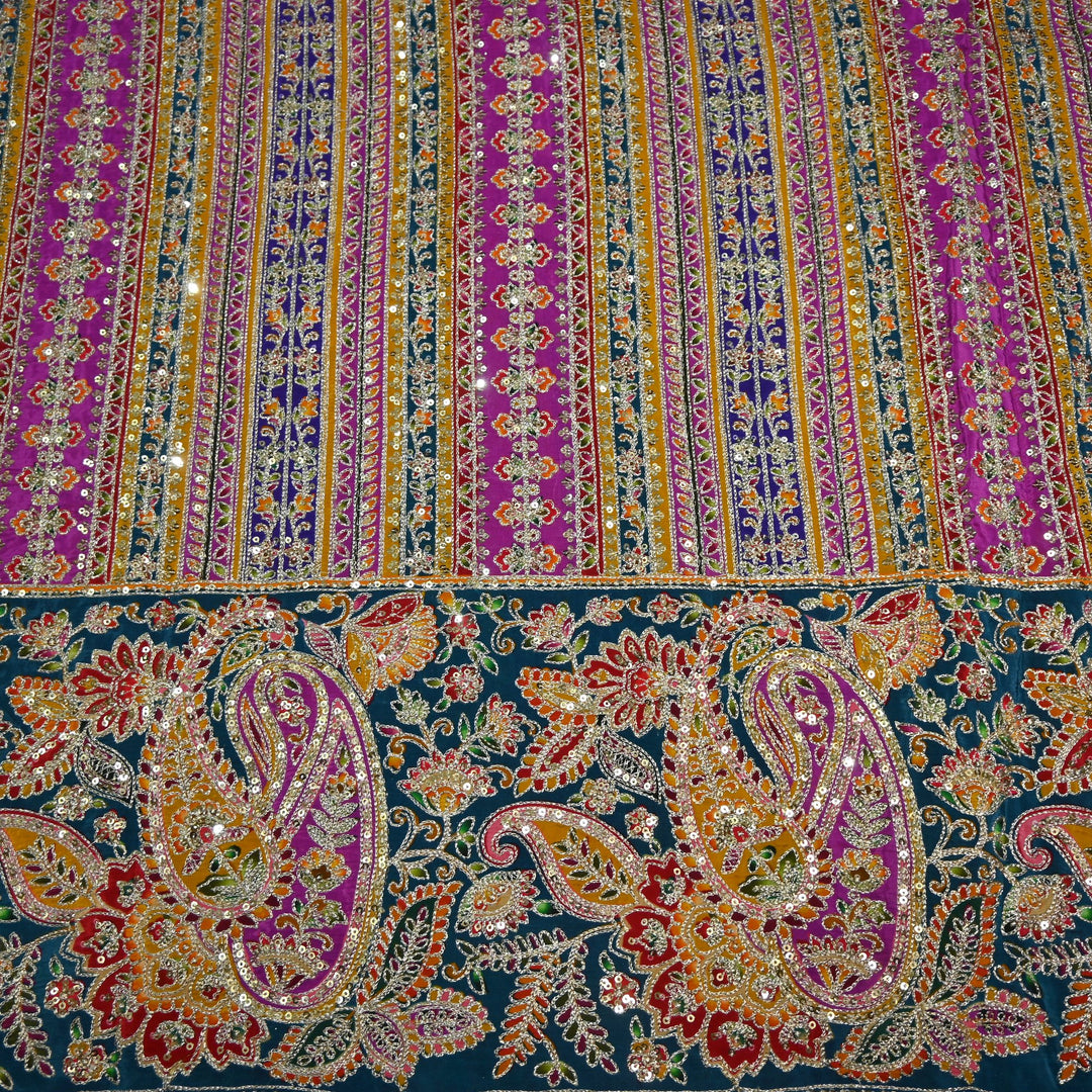 Crepe Position Print Zari Sequins Embroidery with One-Side Border