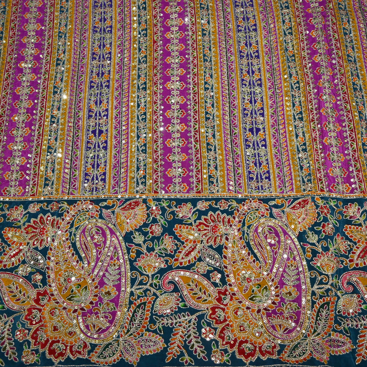 Crepe Position Print Zari Sequins Embroidery with One-Side Border