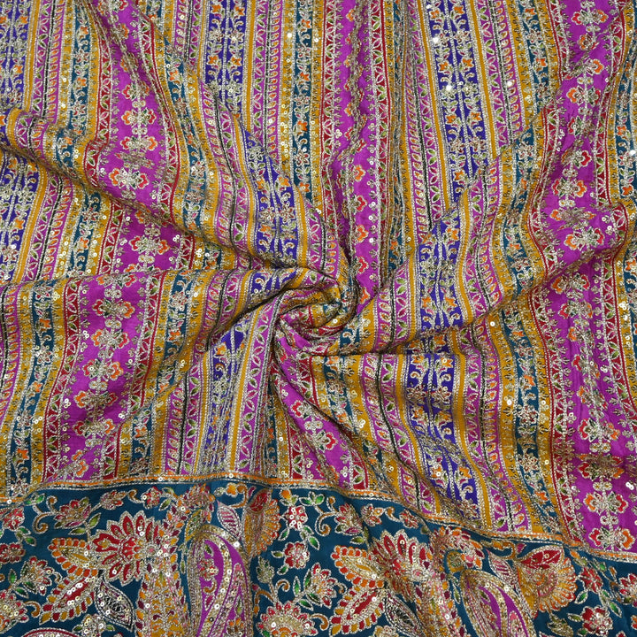 Crepe Position Print Zari Sequins Embroidery with One-Side Border