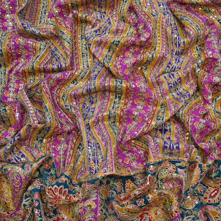 Crepe Position Print Zari Sequins Embroidery with One-Side Border