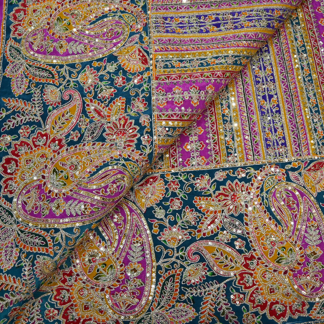 Crepe Position Print Zari Sequins Embroidery with One-Side Border