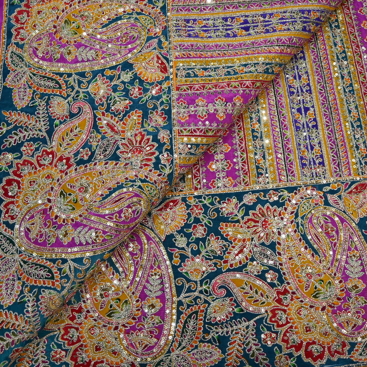 Crepe Position Print Zari Sequins Embroidery with One-Side Border