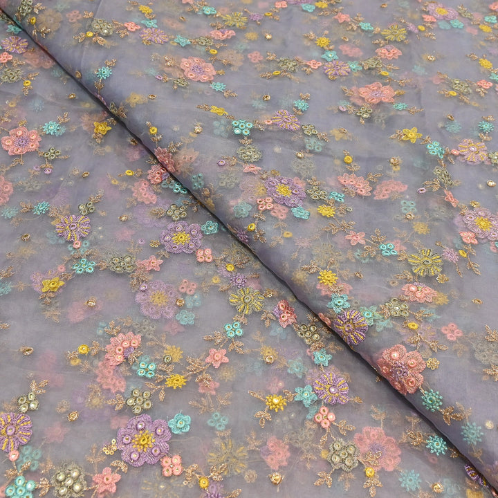 Premium Silk Organza Zari & Mirror Embroidery Fabric – Luxury Designer Organza Fabric  | V7870B-6
