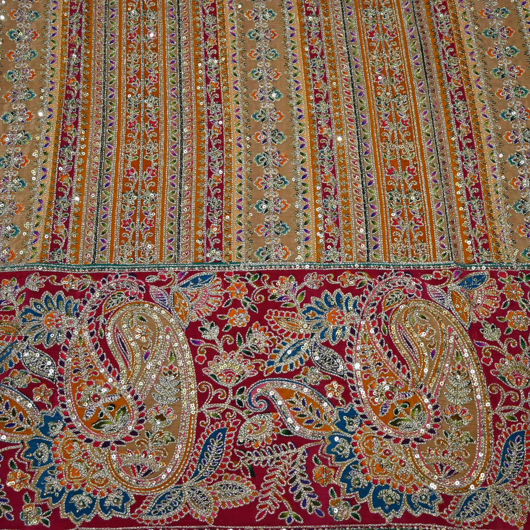 Crepe Position Print Zari Sequins Embroidery with One-Side Border