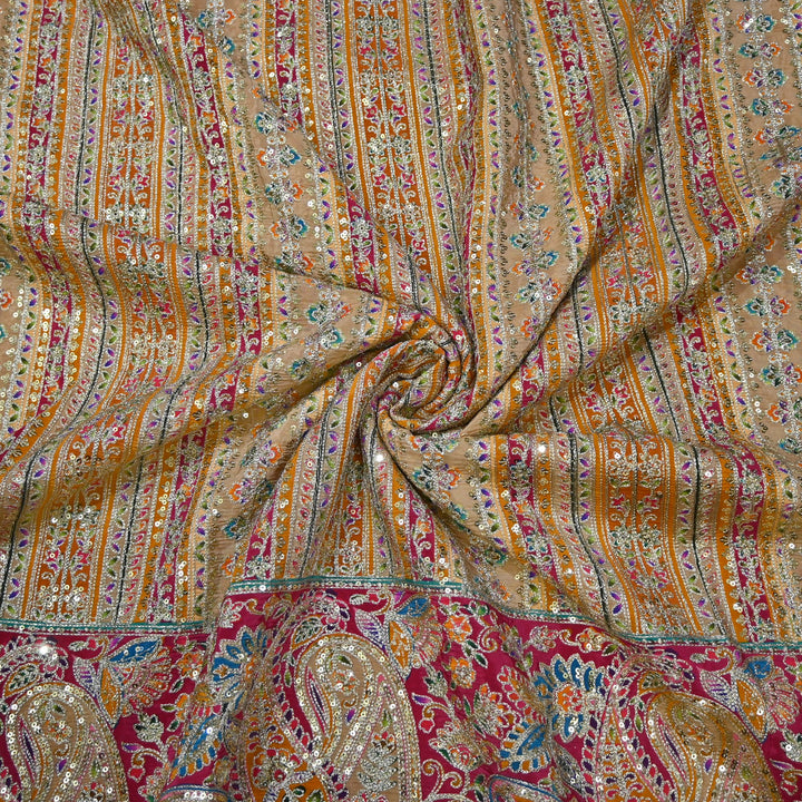 Crepe Position Print Zari Sequins Embroidery with One-Side Border