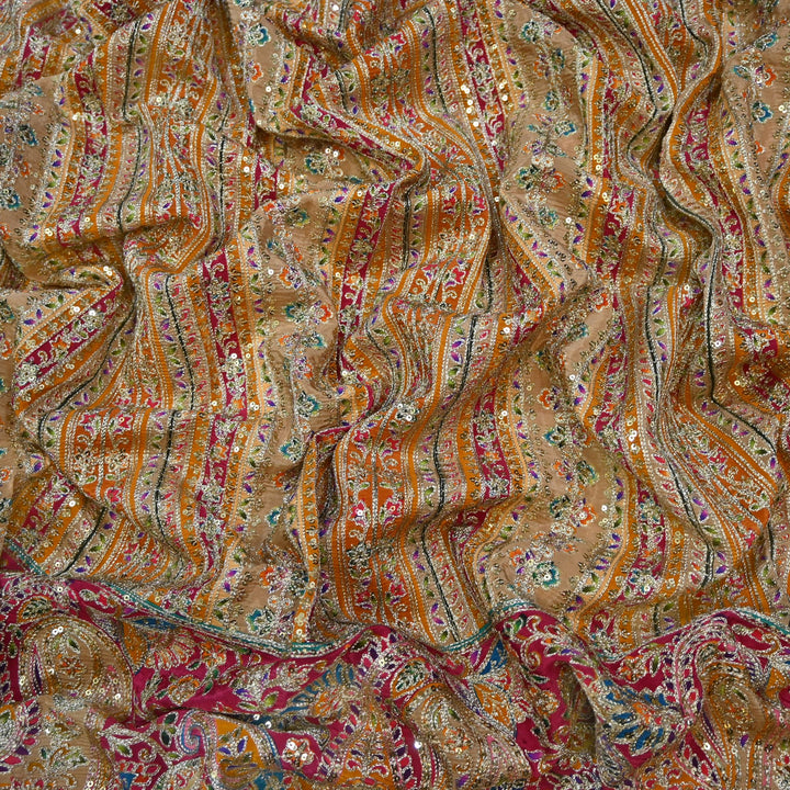 Crepe Position Print Zari Sequins Embroidery with One-Side Border