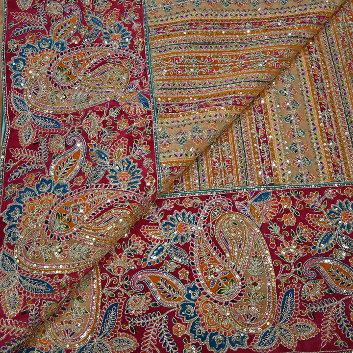 Crepe Position Print Zari Sequins Embroidery with One-Side Border