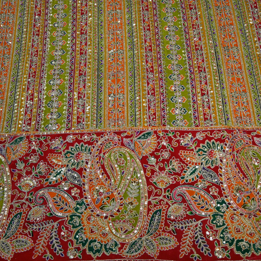 Crepe Position Print Zari Sequins Embroidery with One-Side Border