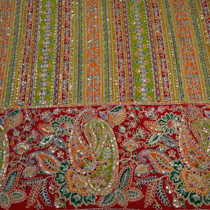 Crepe Position Print Zari Sequins Embroidery with One-Side Border