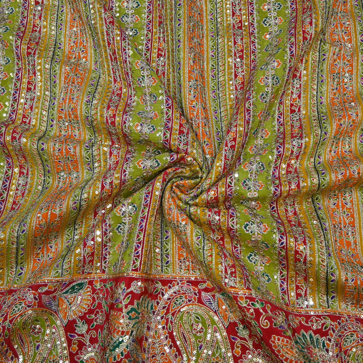 Crepe Position Print Zari Sequins Embroidery with One-Side Border