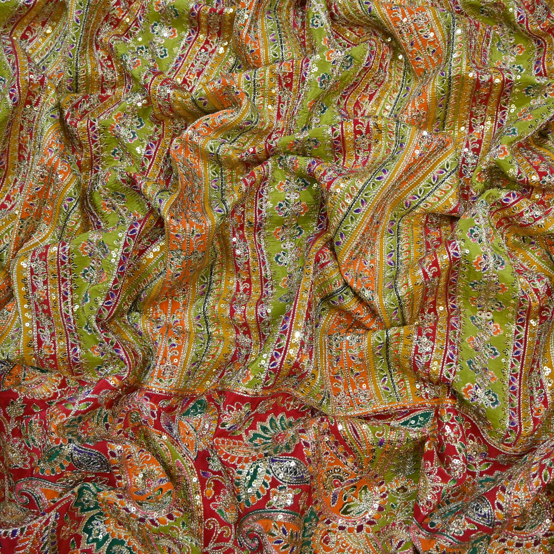 Crepe Position Print Zari Sequins Embroidery with One-Side Border