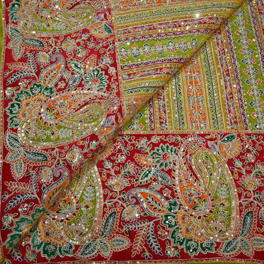 Crepe Position Print Zari Sequins Embroidery with One-Side Border