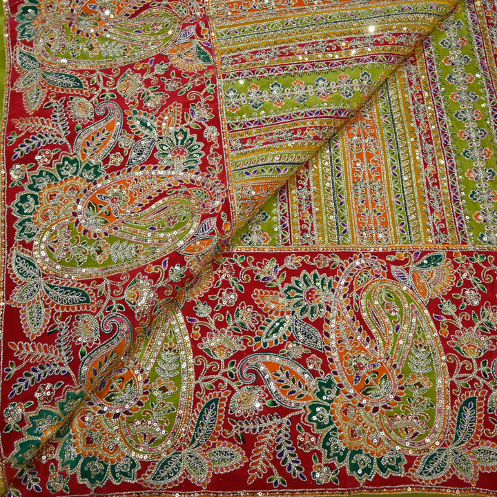 Crepe Position Print Zari Sequins Embroidery with One-Side Border