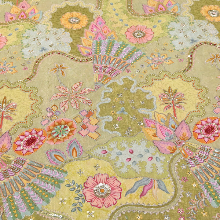 Crape Position Print Fabric with Zari Sequins Embroidery | ANP463-01