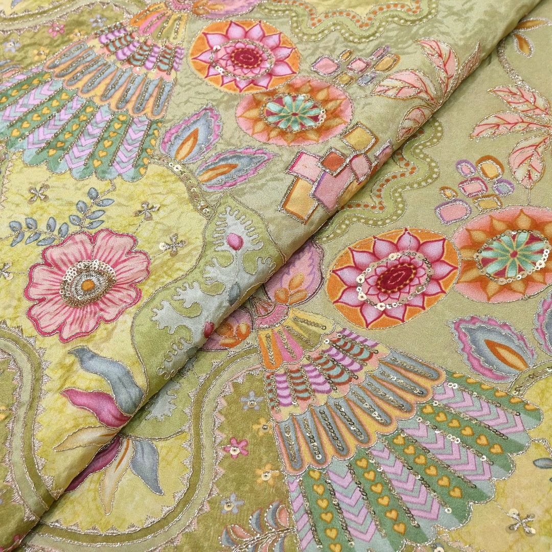Crape Position Print Fabric with Zari Sequins Embroidery | ANP463-01