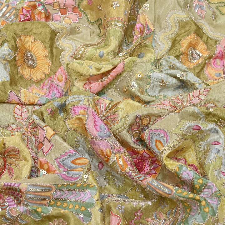 Crape Position Print Fabric with Zari Sequins Embroidery | ANP463-01