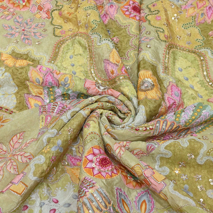 Crape Position Print Fabric with Zari Sequins Embroidery | ANP463-01