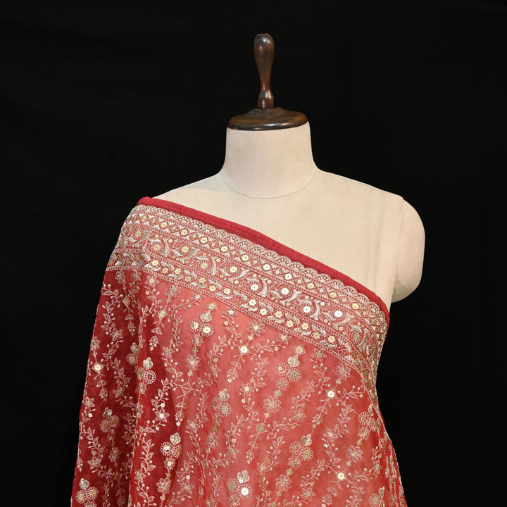 Red Brown Colour Organza Sequence With Zari Dupatta