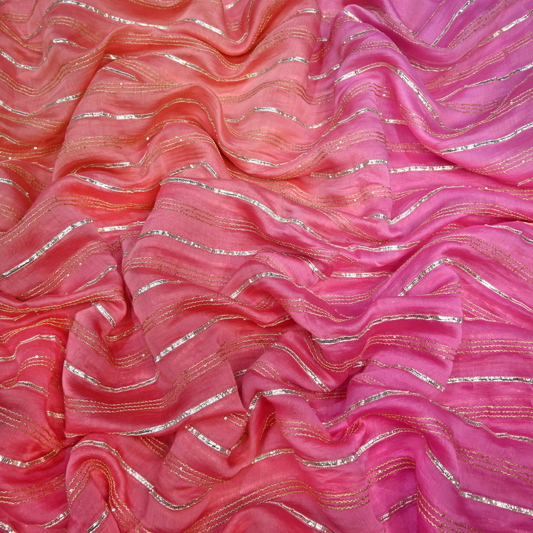 4D Shade Chanderi Gota Zari Strip Embroidery Fabric