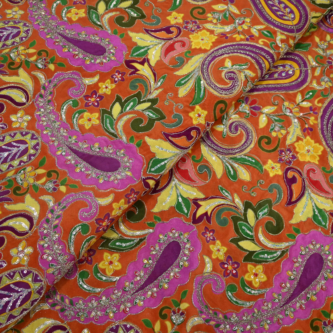 Royal Crepe Position Print Zari & Sequin Heavy Work Fabric