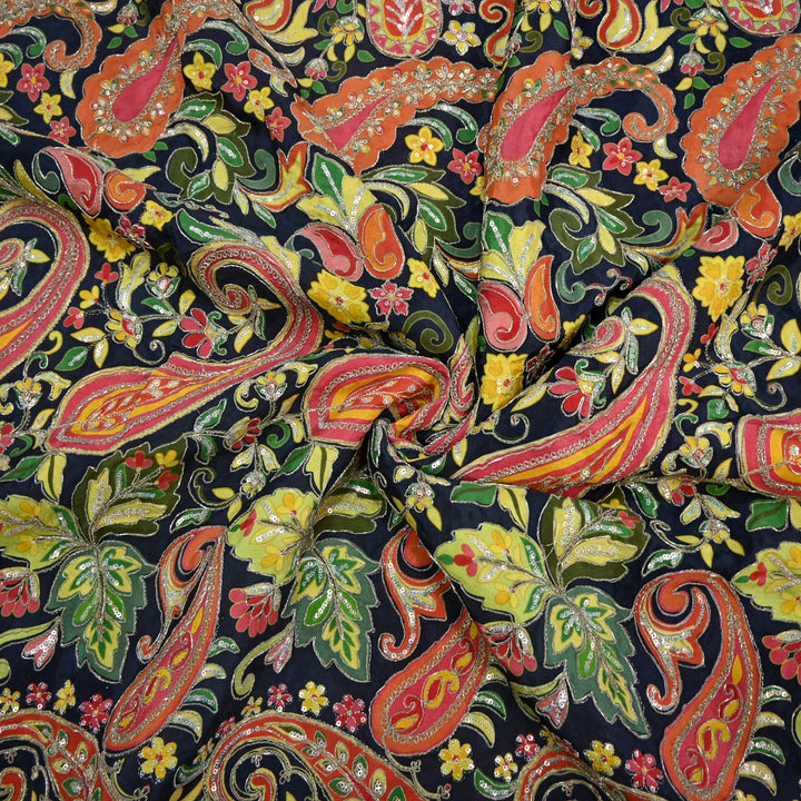 Royal Crepe Position Print Zari & Sequin Heavy Work Fabric