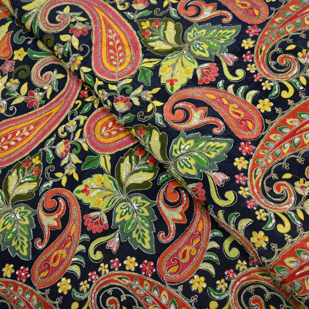 Royal Crepe Position Print Zari & Sequin Heavy Work Fabric