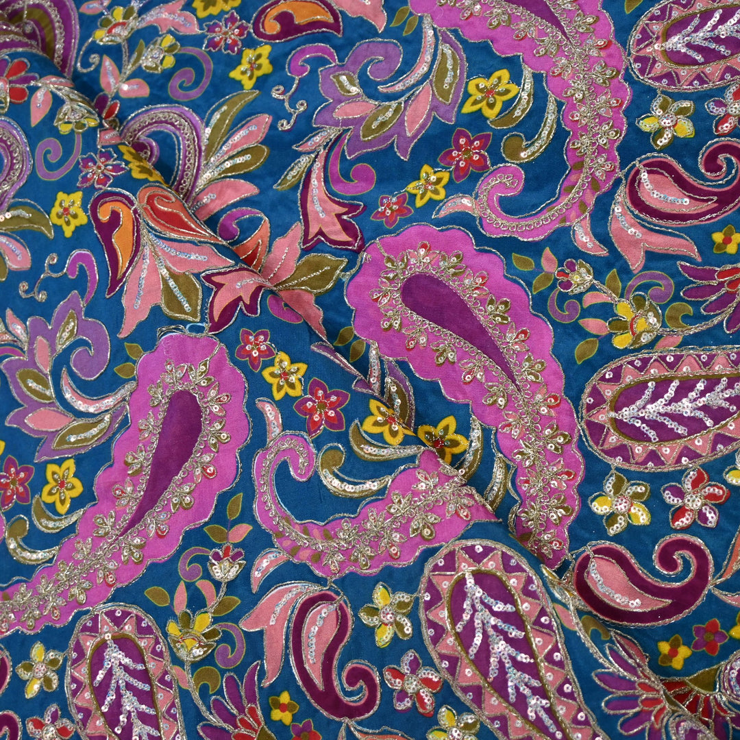 Royal Crepe Position Print Zari & Sequin Heavy Work Fabric
