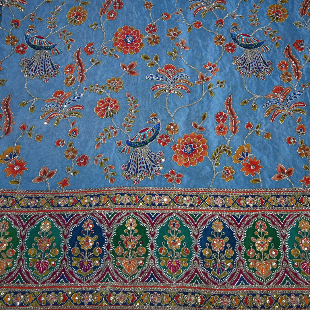 Crepe Position Print Zari Sequins Embroidery with One-Side Border