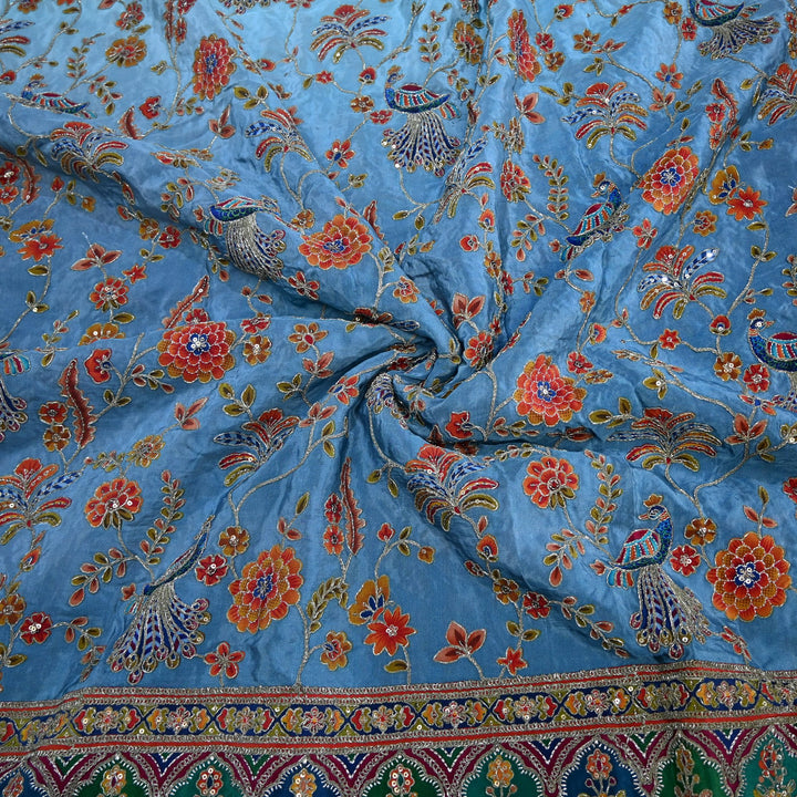 Crepe Position Print Zari Sequins Embroidery with One-Side Border