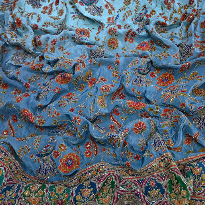 Crepe Position Print Zari Sequins Embroidery with One-Side Border