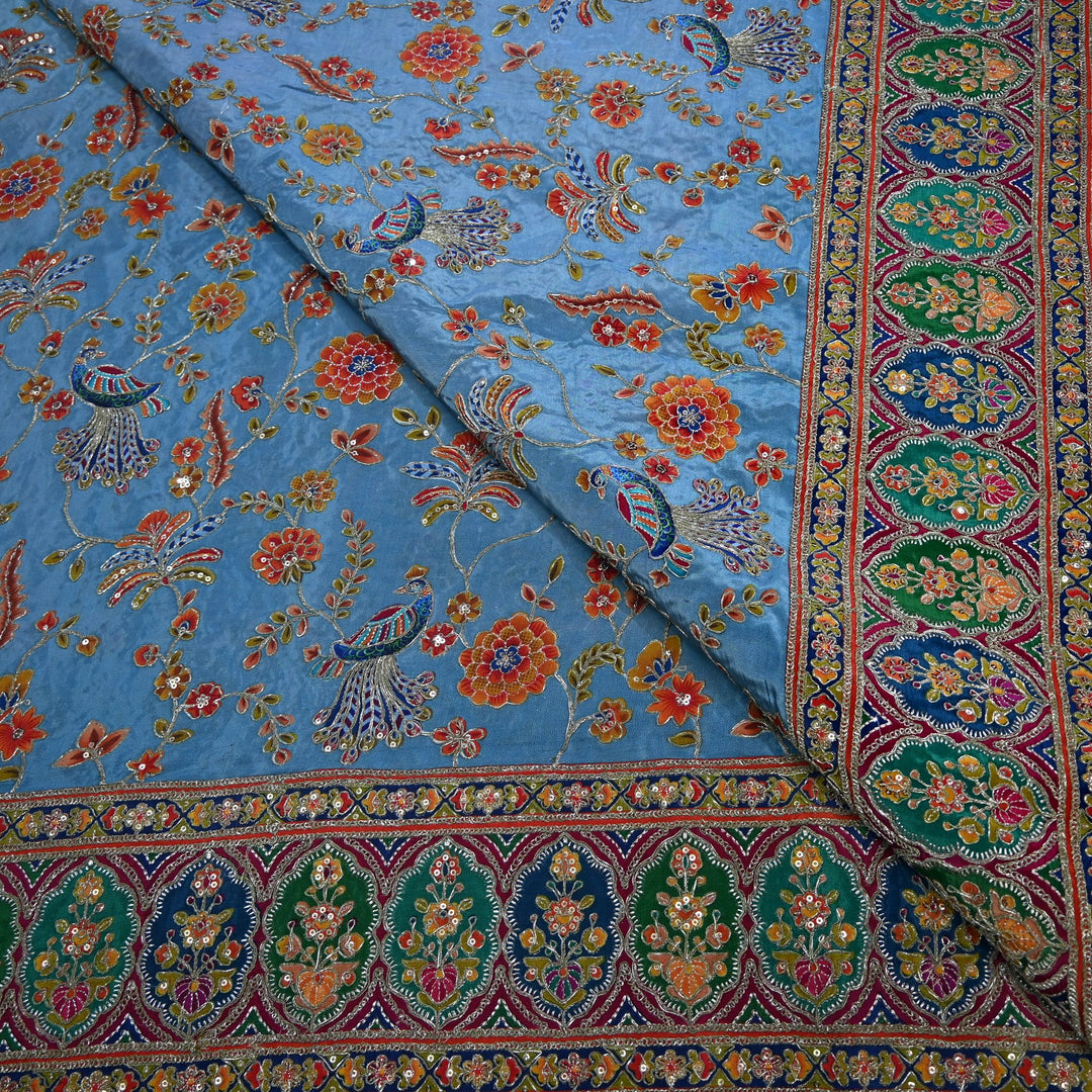 Crepe Position Print Zari Sequins Embroidery with One-Side Border