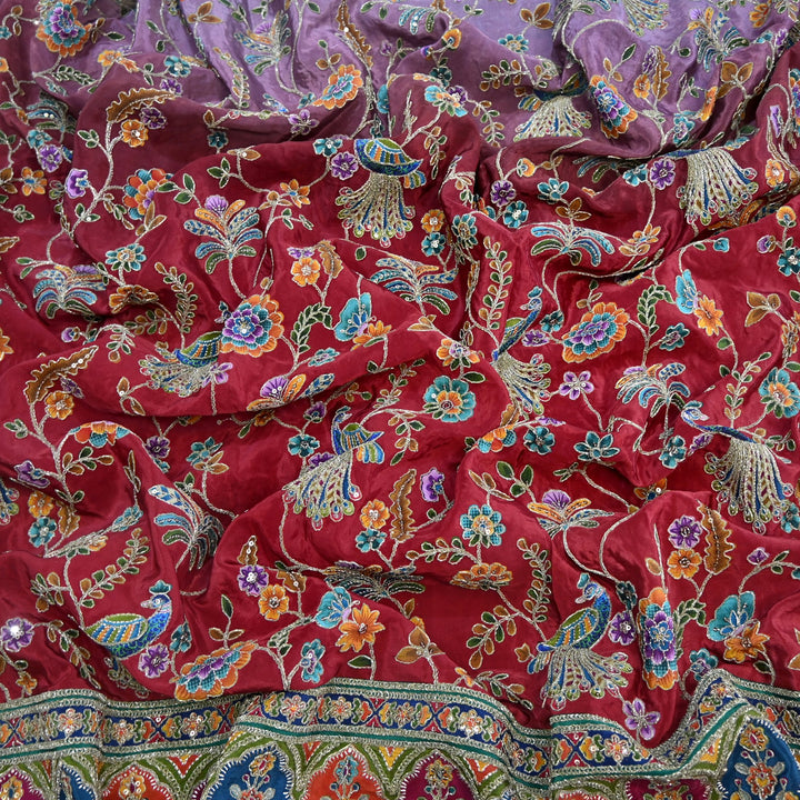 Crepe Position Print Zari Sequins Embroidery with One-Side Border