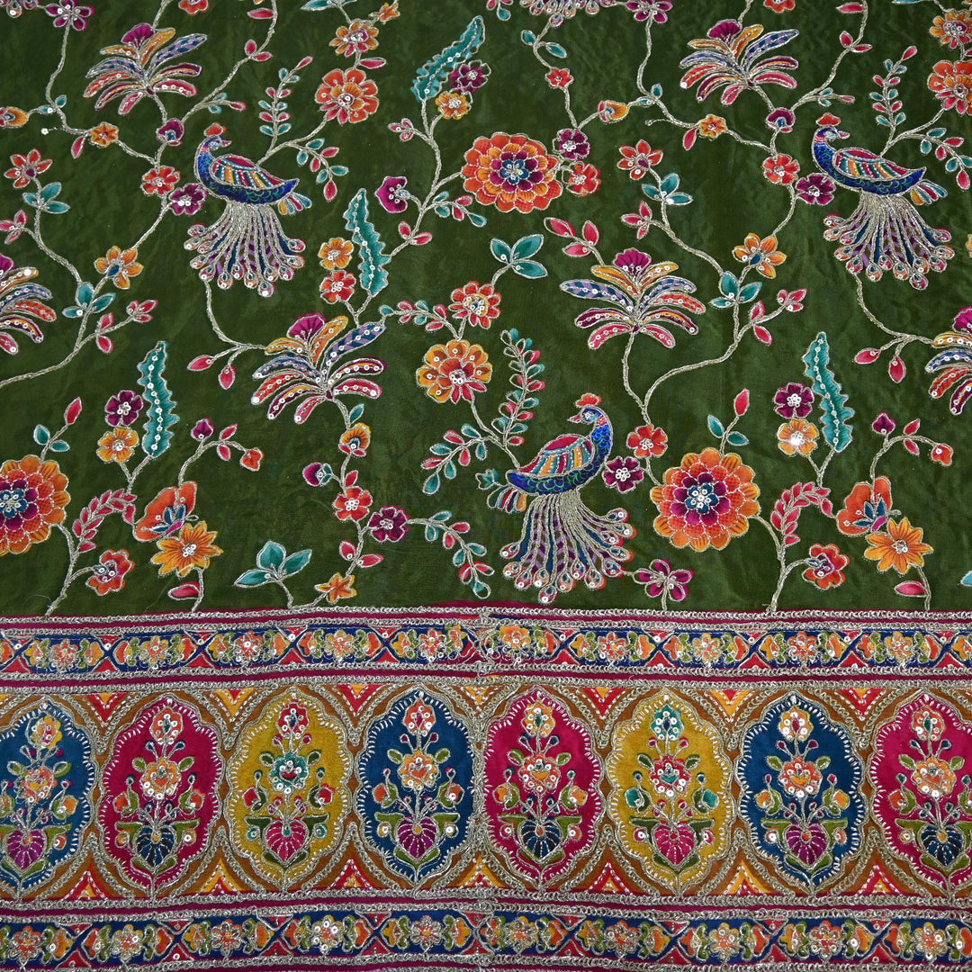 Crepe Position Print Zari Sequins Embroidery with One-Side Border