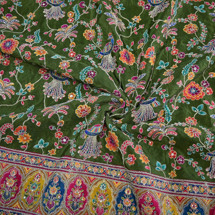 Crepe Position Print Zari Sequins Embroidery with One-Side Border