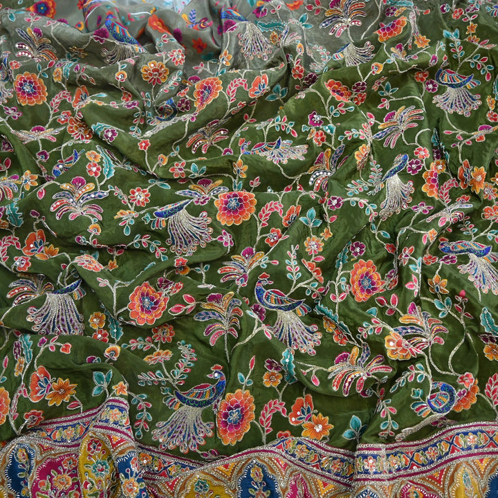 Crepe Position Print Zari Sequins Embroidery with One-Side Border