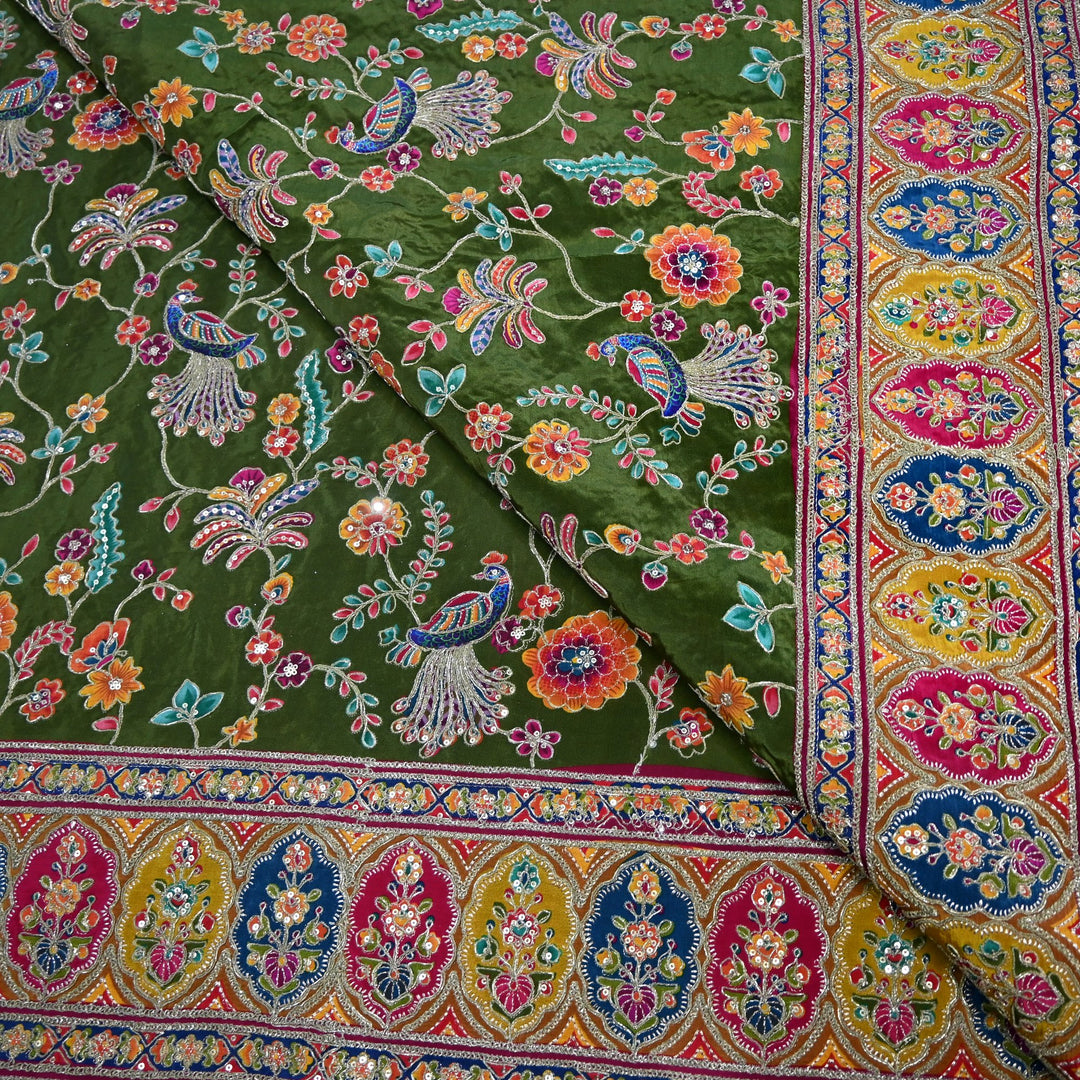 Crepe Position Print Zari Sequins Embroidery with One-Side Border