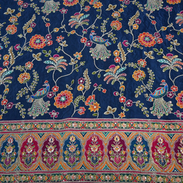 Crepe Position Print Zari Sequins Embroidery with One-Side Border