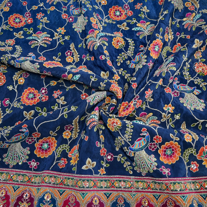 Crepe Position Print Zari Sequins Embroidery with One-Side Border