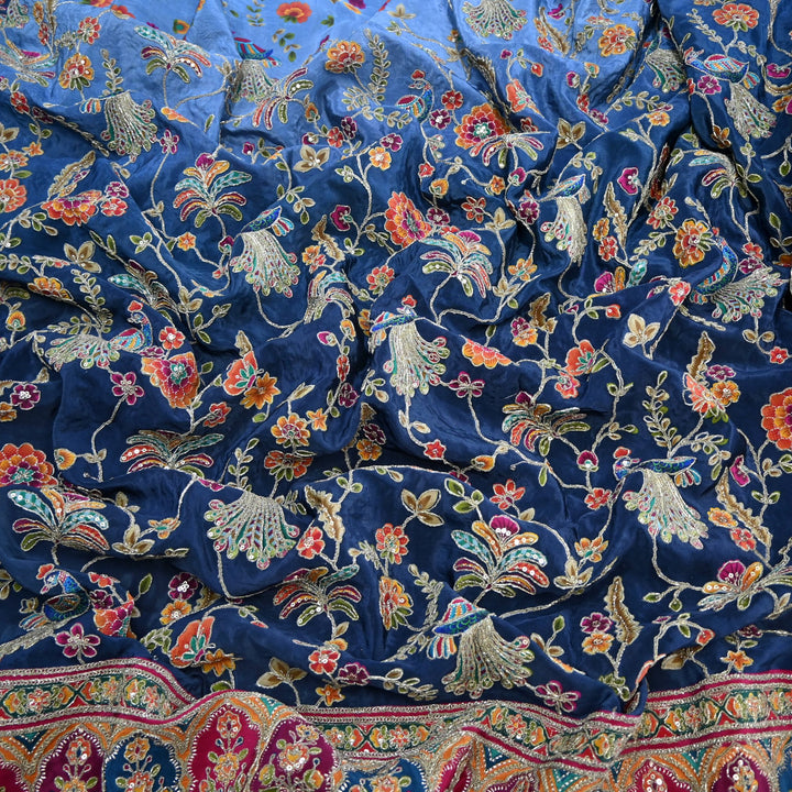 Crepe Position Print Zari Sequins Embroidery with One-Side Border