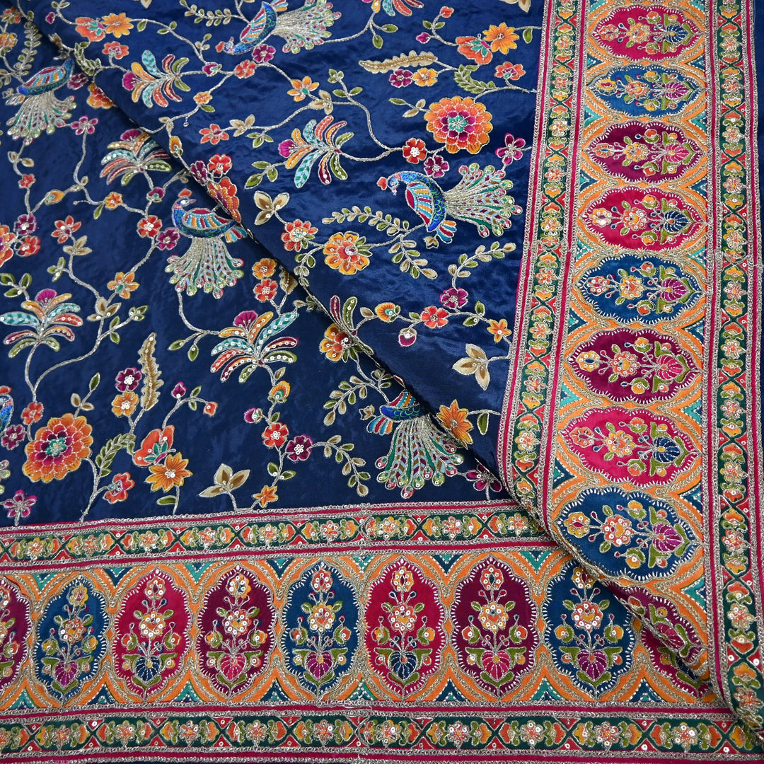 Crepe Position Print Zari Sequins Embroidery with One-Side Border