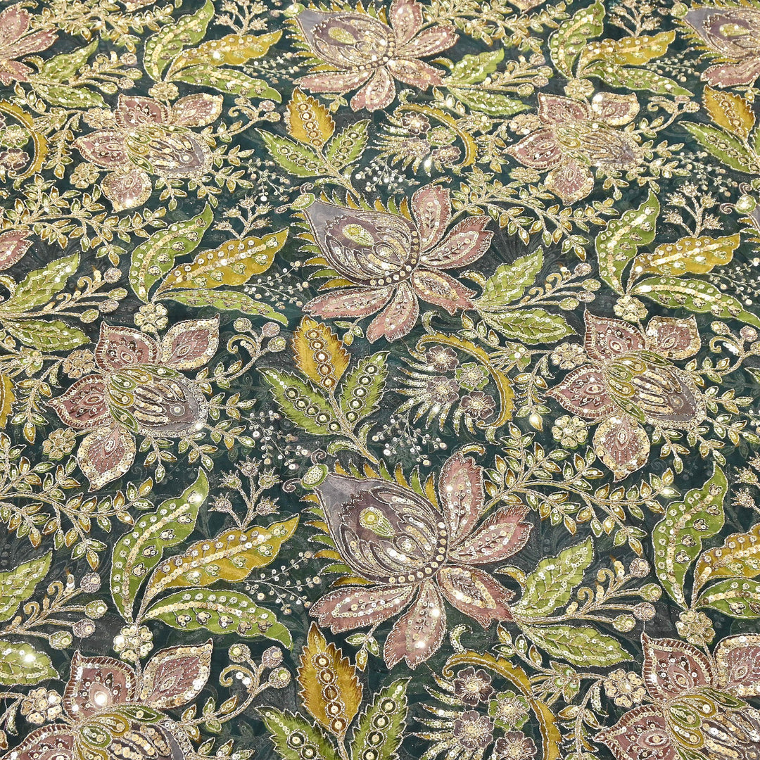 Dyed Viscose Organza Positional Print with Zari & Sequin Embroidery Fabric | V3670C-1
