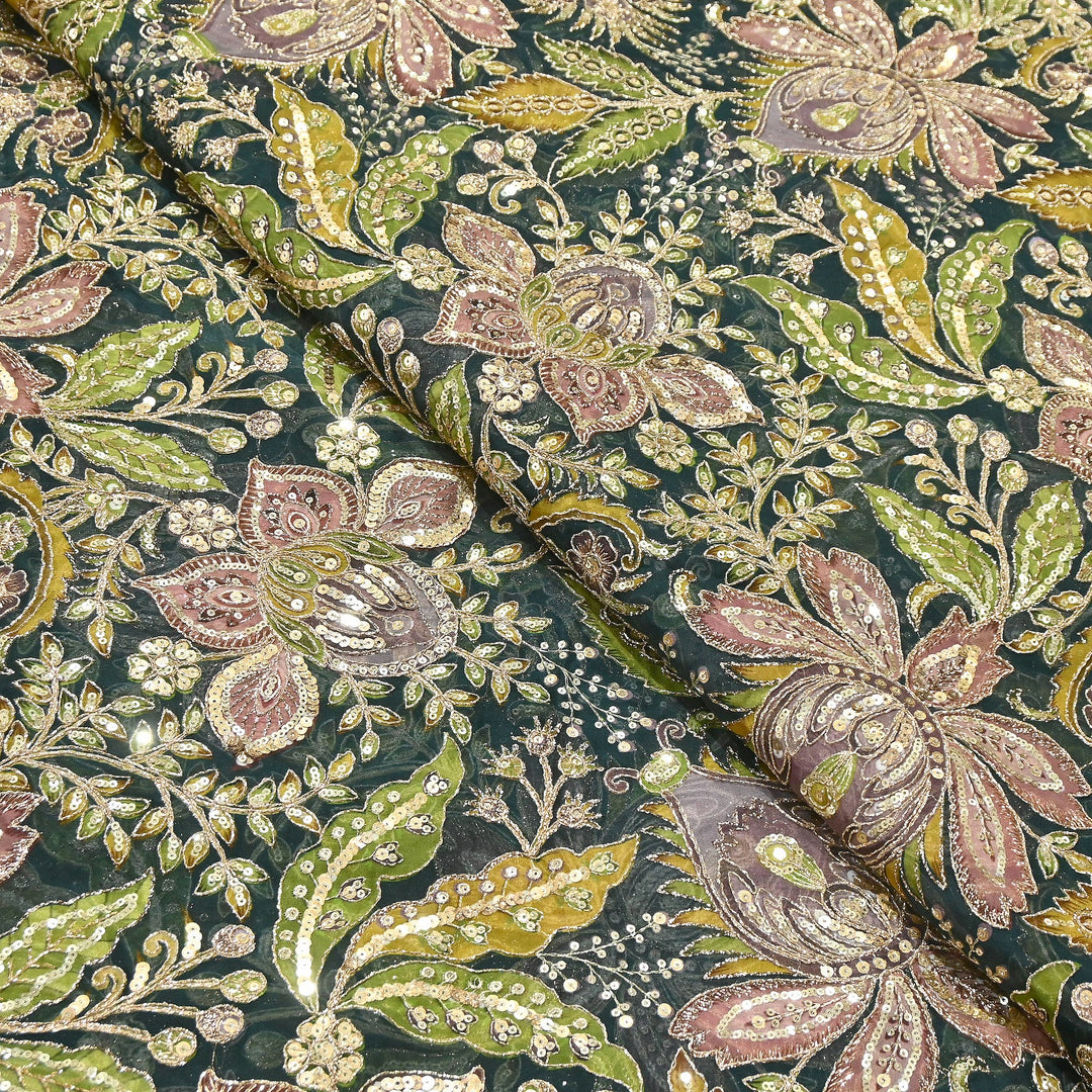 Dyed Viscose Organza Positional Print with Zari & Sequin Embroidery Fabric | V3670C-1