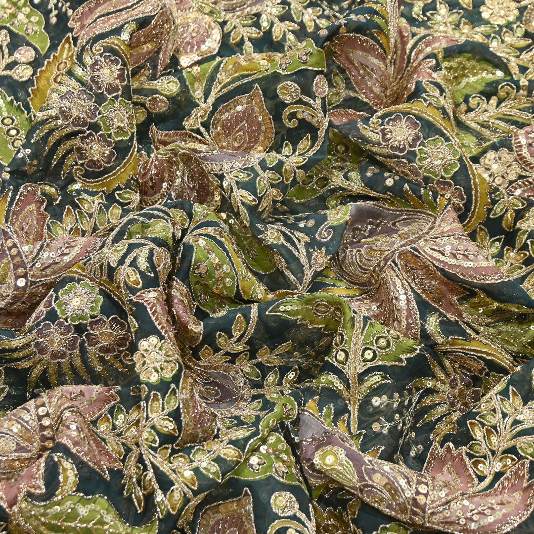Dyed Viscose Organza Positional Print with Zari & Sequin Embroidery Fabric | V3670C-1