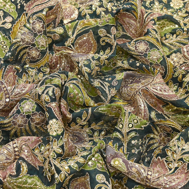 Dyed Viscose Organza Positional Print with Zari & Sequin Embroidery Fabric | V3670C-1