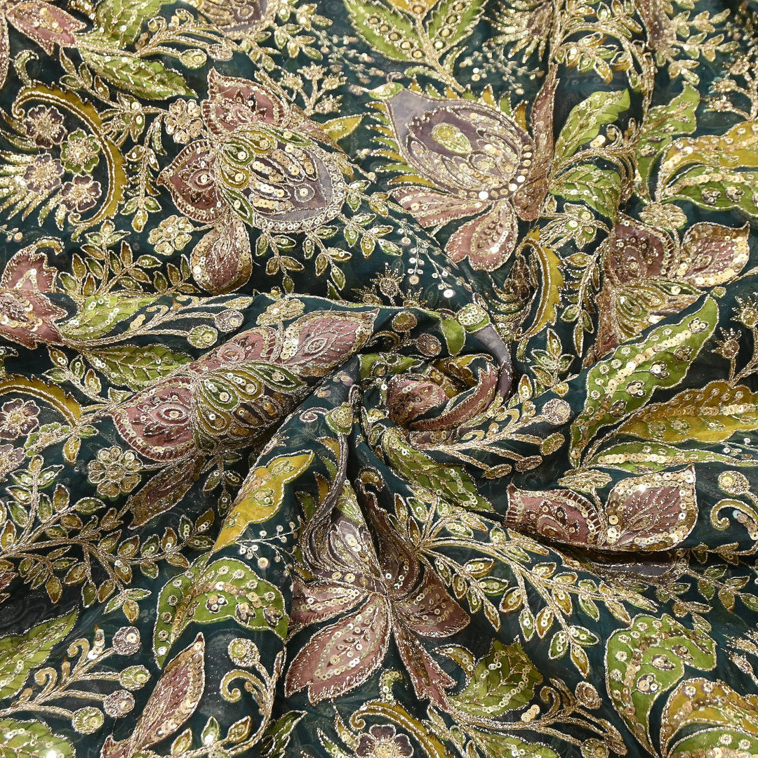 Dyed Viscose Organza Positional Print with Zari & Sequin Embroidery Fabric | V3670C-1